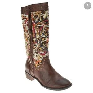 Spring Step Tapestry Woven Mid Calf Boho Western Boot Brown Leather